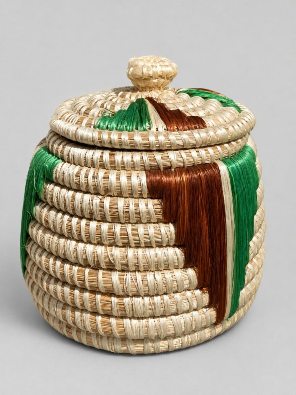 Vintage Indigenous Coiled Grass Lidded Trinket Basket Handwoven Green Brown